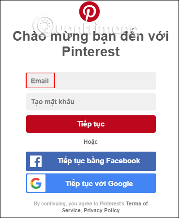 Nhập địa chỉ email đăng ký Pinterest