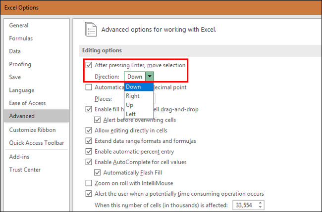 Thay đổi hướng di chuyển của phím Enter trong Excel