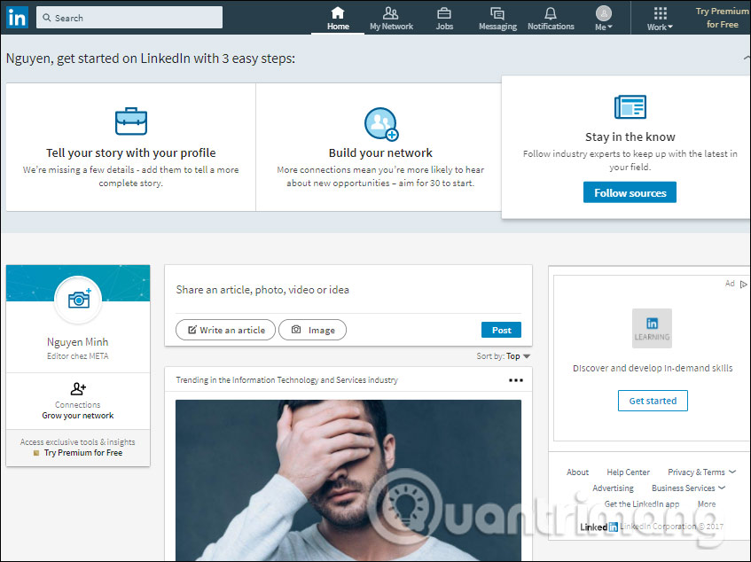 Giao diện tài khoản LinkedIn