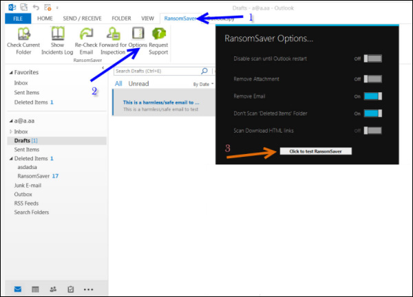 Mở Outlook của bạn, nhấp vào tab RansomSaver. Sau đó nhấp chọn Options