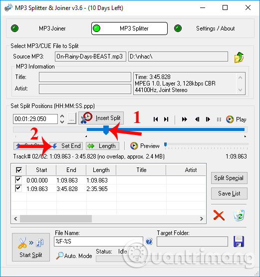 Chọn điểm cuối muốn cắt