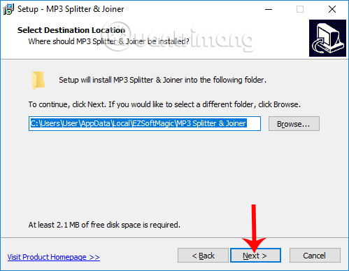 Thay đổi thư mục cài đặt MP3 Splitter & Joiner