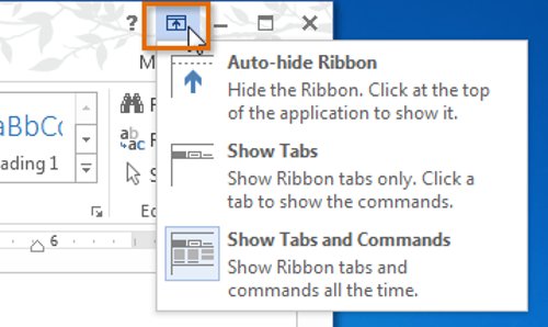Nhấp vào mũi tên Ribbon Display Options (Tùy chọn hiển thị Ribbon) ở góc trên bên phải của Ribbon.