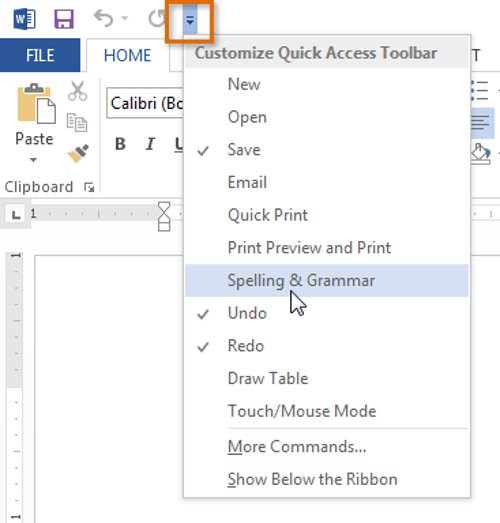 Click vào biểu tượng mũi tên dạng thả nằm góc bên phải Quick Access Toolbar.