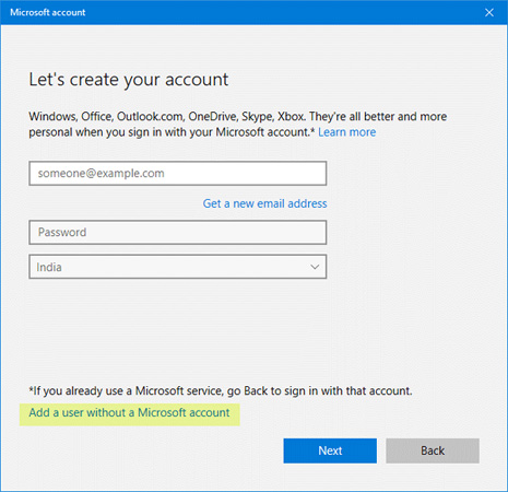 Nhấp chọn Add a user without Microsoft account