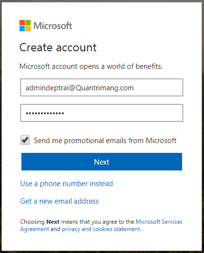 Điền email và mật khẩu để tạo tài khoản Microsoft
