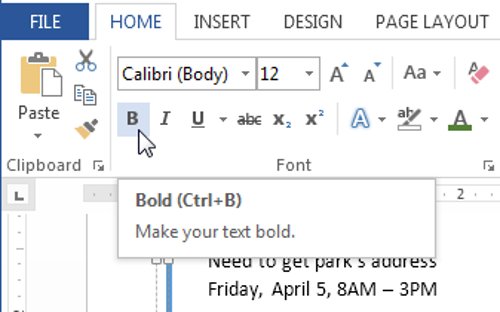 Click chọn lệnh Bold (B), Italic (I) hoặc Underline (U) trong group Font