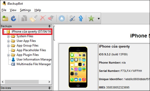 Tên thiết bị trong iBackupBot