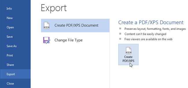 Chọn Export rồi chọn Create PDF/XPS.
