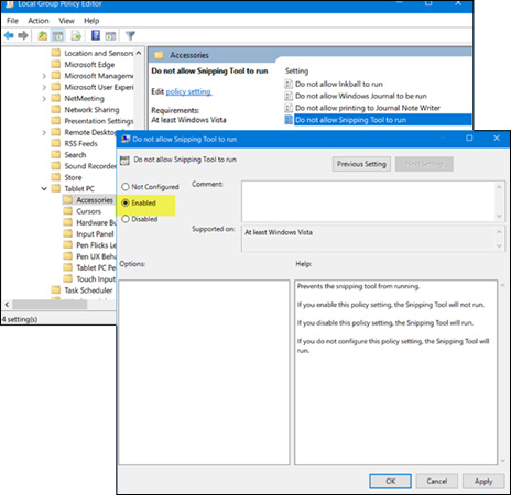 Chọn Enabled để vô hiệu hóa Snipping Tool