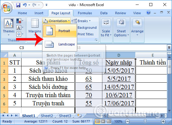 Chọn chế độ cho giấy Excel