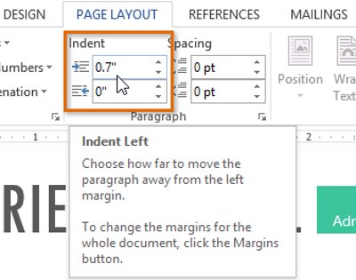 Chọn tab Page Layout và nhập các giá trị mong muốn vào các hộp dưới Intent.