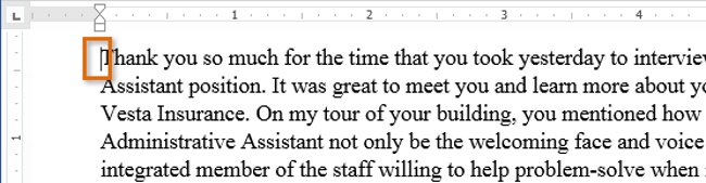 Nhấn vào ảnh để phóng to Đặt điểm chèn vào dòng đầu tiên của đoạn văn bạn muốn thụt lề.
