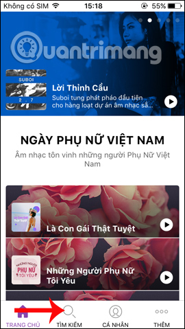 Nhấn chọn mục Tìm kiếm 