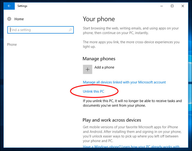 Chọn Unlink This PC để ngừng kết nối điện thoại và máy tính 