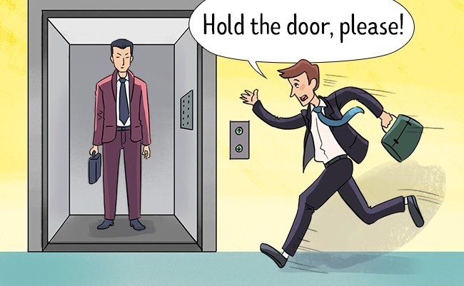 Vội vàng lao vào thang máy cho kịp giờ.