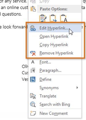Khi đã chèn một siêu liên kết hyperlink, bạn có thể nhấp chuột phải vào liên kết để chỉnh sửa, mở, sao chép hoặc xóa nó.
