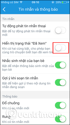 Tắt thông báo Đã xem tin nhắn