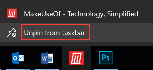 Nhấp chọn Upin from taskbar để xóa shortcut trang web