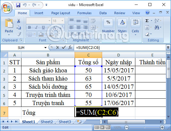 Hàm SUM trên Excel 