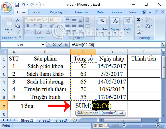 Tính tổng trong 1 cột Excel 