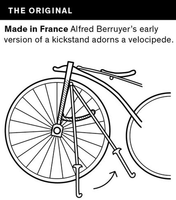 Alfred Berruyer và bản thiết kế chân chống bên trái chiếc xe đạp của ông