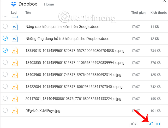 Chọn dữ liệu muốn gửi 