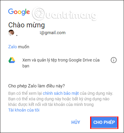 Liên kết Zalo với Google Drive