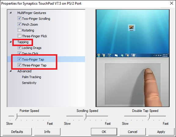 Tích chọn ô bên cạnh nội dung Two-Finger Tap và Three-Finger Tap