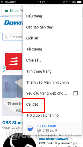 Nhấn chọn mục Cài đặt