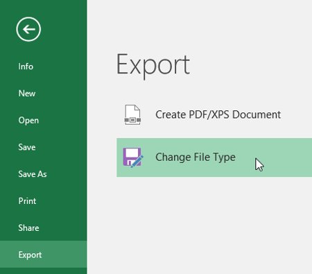 Nhấp vào Export, sau đó chọn Change File Type.