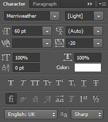 Chọn phông chữ, kích thước và màu sắc trong bảng Character