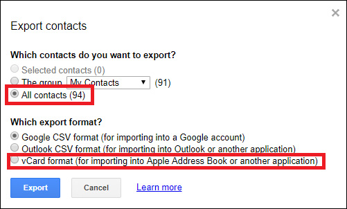 Nhấp chọn All contacts và vCard format