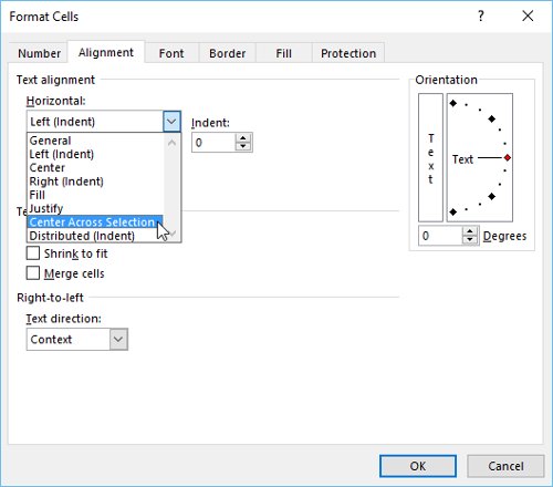 Xác định vị trí và chọn trình đơn thả xuống Horizontal, chọn Center Across Selection, sau đó nhấn OK.