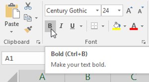 Nhấp vào lệnh Bold (B), Italic (I) hoặc Underline (U) trên tab Home
