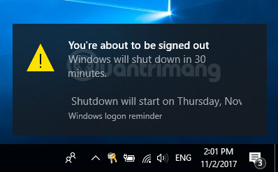 Thông báo cho biết thời gian sẽ tắt máy tính