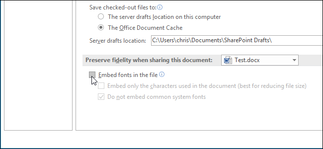 Tích vào tùy chọn Embed fonts in the file