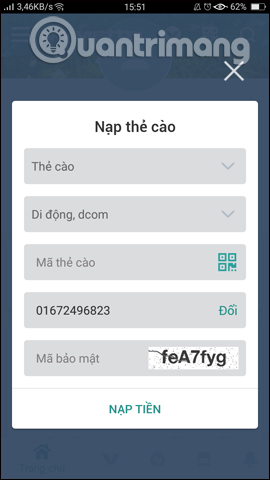 Nạp tiền bằng thẻ cào
