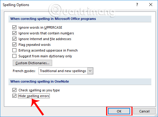 Bỏ check chính tả OneNote