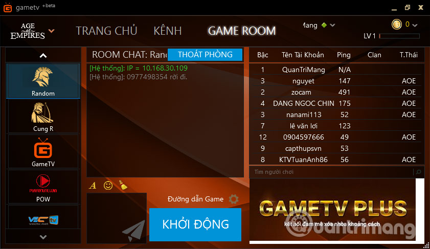 Giao diện trong từng phòng game 