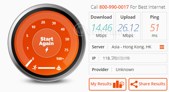 Kết quả kiểm tra tốc độ mạng với Bandwidthplace
