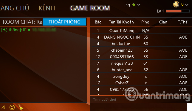 Giao diện phòng trong GameTV Plus