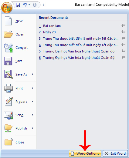 Nhấn chọn Options Word 2007
