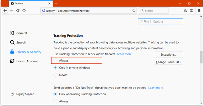 Tùy chọn mới của Tracking Protection trong Firefox Nightly