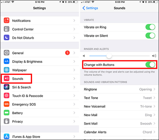 Nhấp chọn Settings > Sounds và kích hoạt tùy chọn Change with Buttons