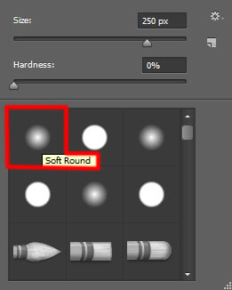 Chọn brush Soft Round màu trắng với Opacity 40%