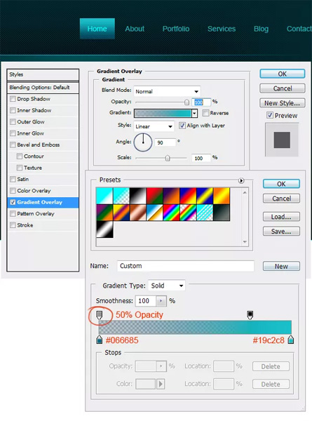 Thiết lập Gradient Overlay cho nút điều hướng