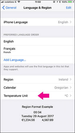 Nhấp chọn Temperature Unit
