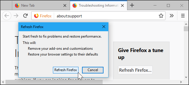 Nhấp chọn Refresh Firefox để xác nhận rằng bạn muốn thực hiện các thay đổi này