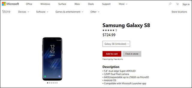 Mua Samsung Galaxy S8 ngay trên cửa hàng Microsoft Store